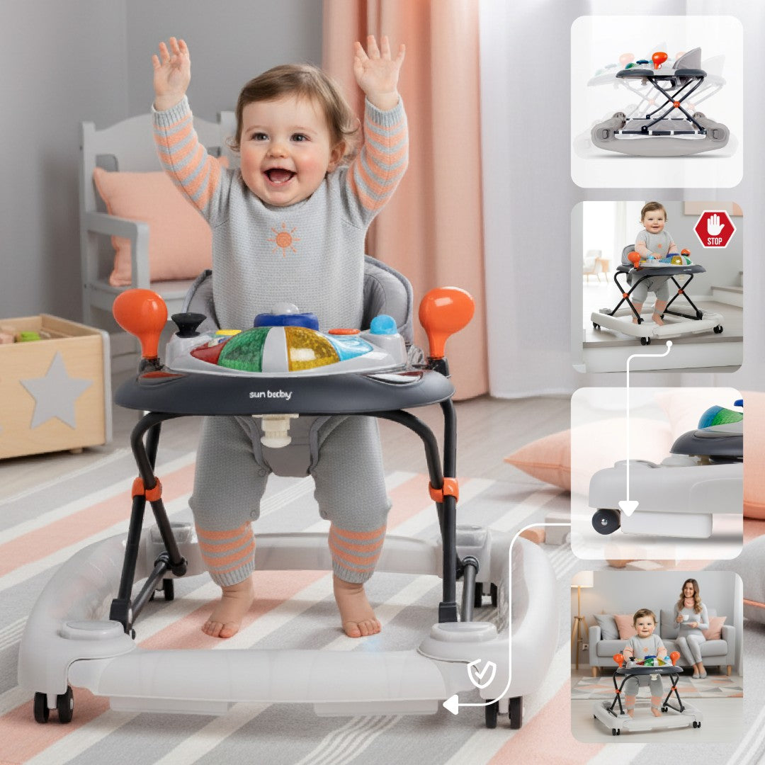 Interaktywny chodzik dla dziecka kołyska z kierownicą szary