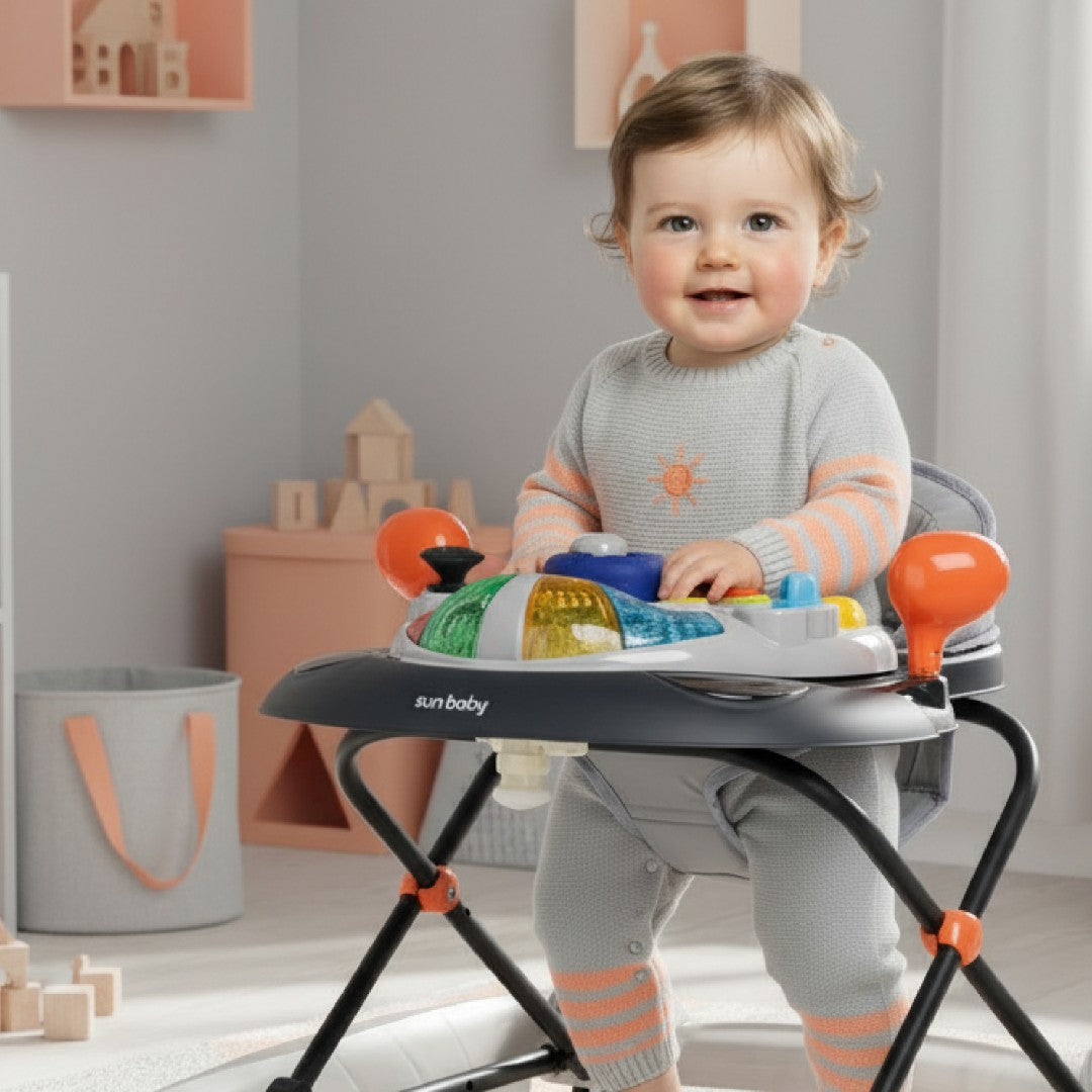 Interaktywny chodzik dla dziecka kołyska z kierownicą szary