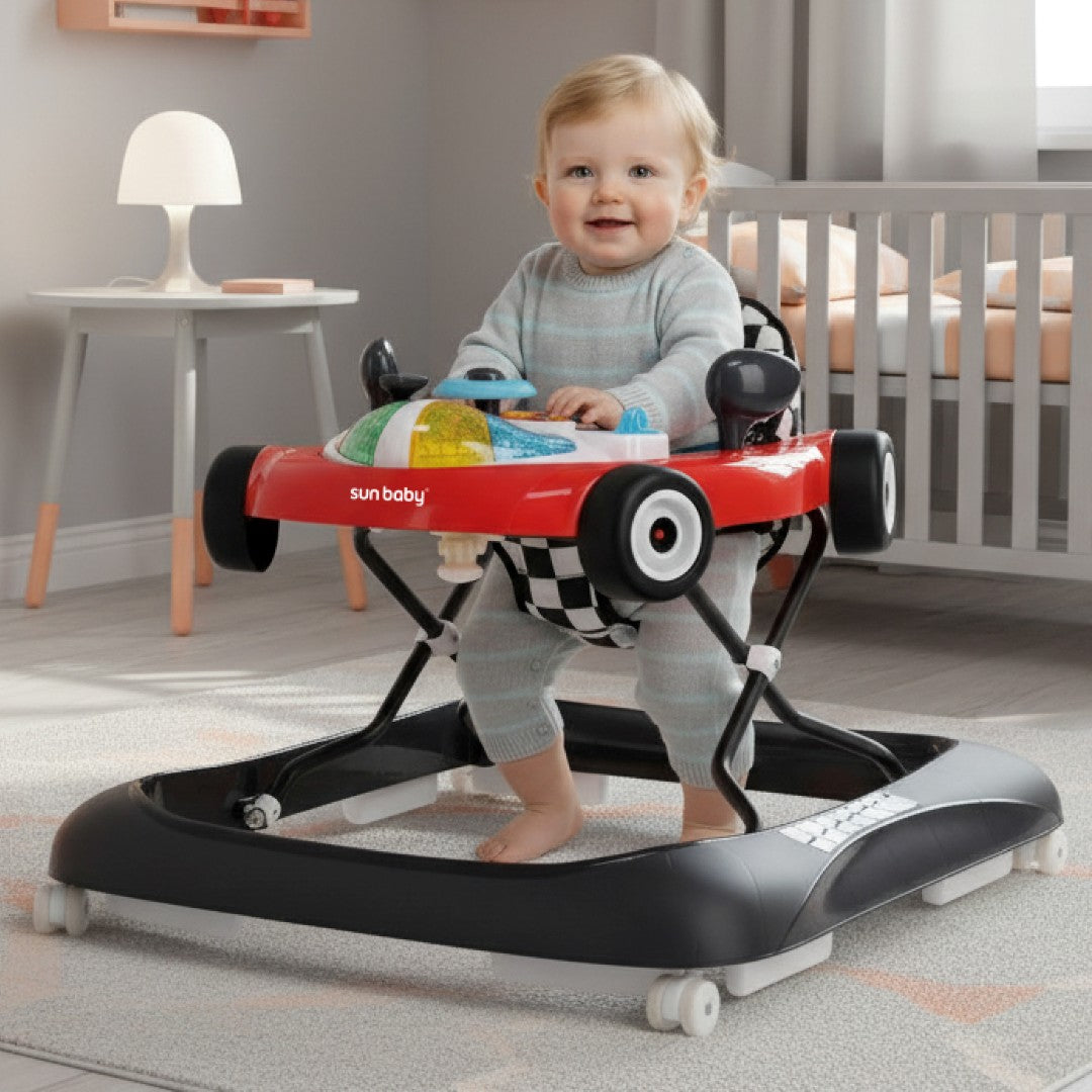 Interaktywny chodzik dla dzieci wyścigówka czerwono czarny