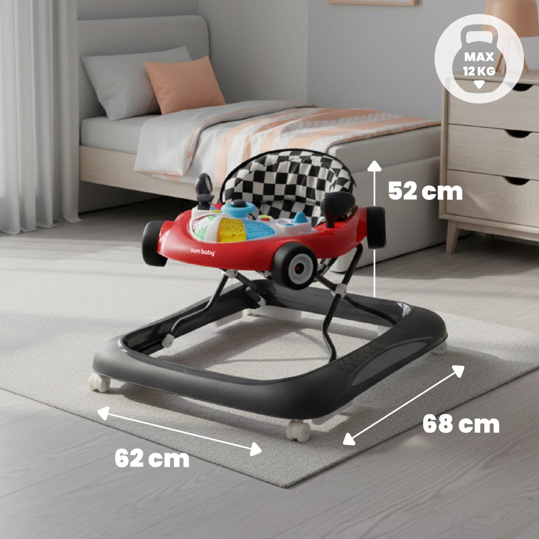 Interaktywny chodzik dla dzieci wyścigówka czerwono czarny