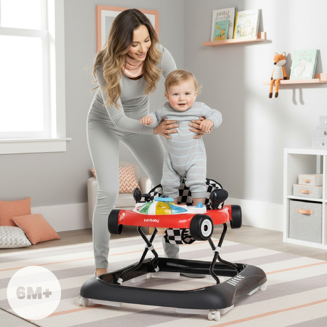 Interaktywny chodzik dla dzieci wyścigówka czerwono czarny