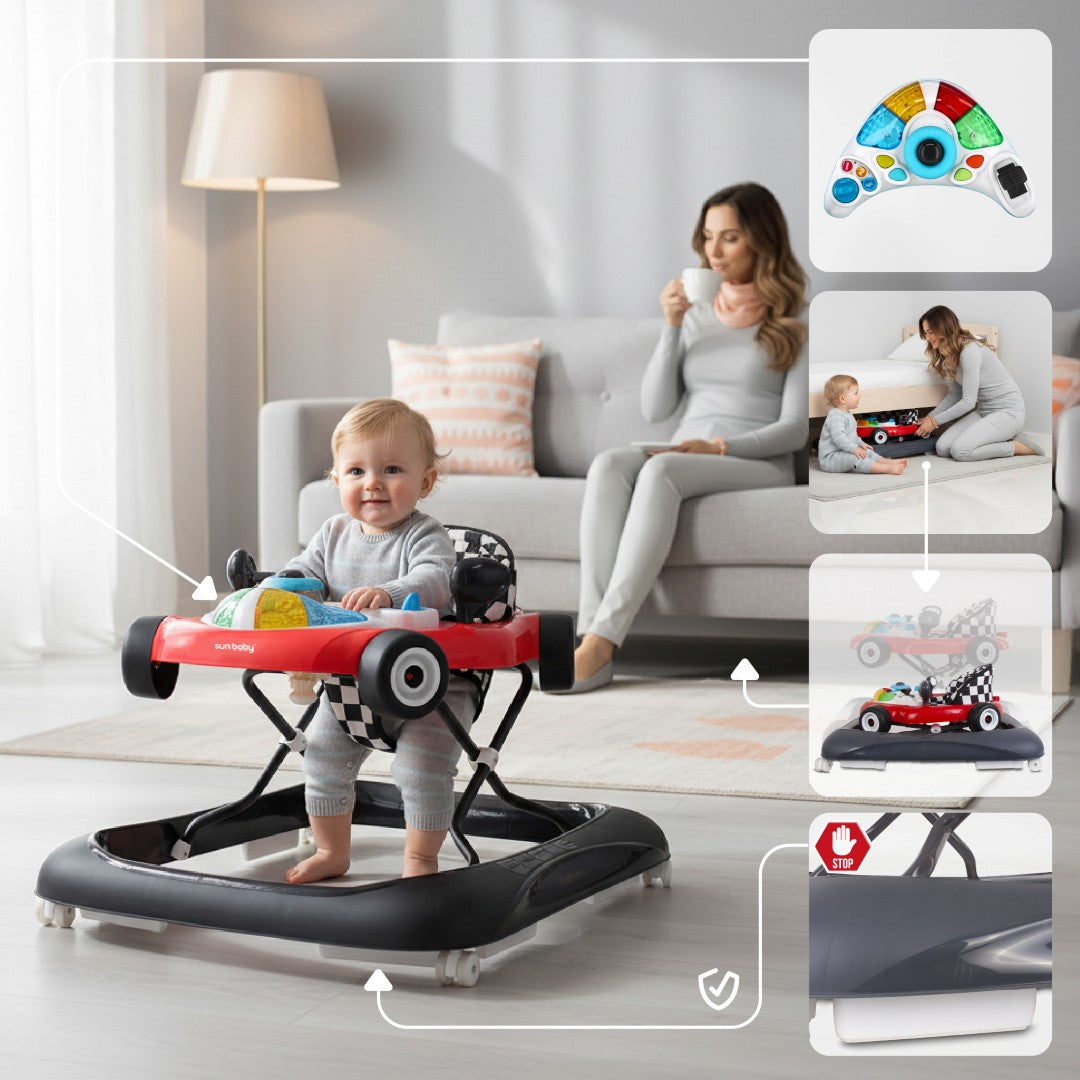 Interaktywny chodzik dla dzieci wyścigówka czerwono czarny