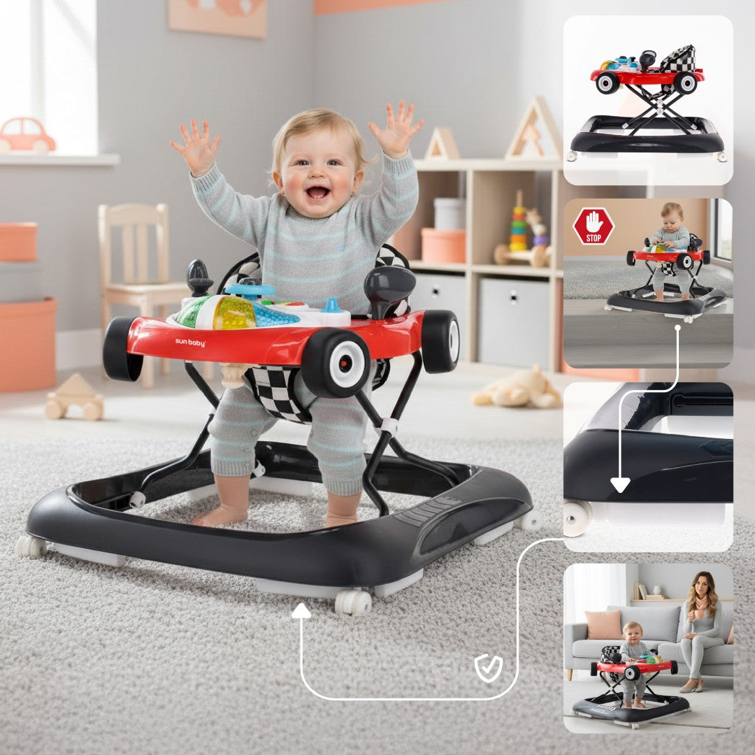 Interaktywny chodzik dla dzieci wyścigówka czerwono czarny