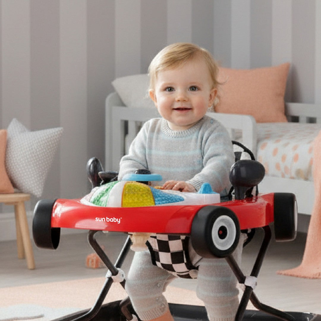 Interaktywny chodzik dla dzieci wyścigówka czerwono czarny