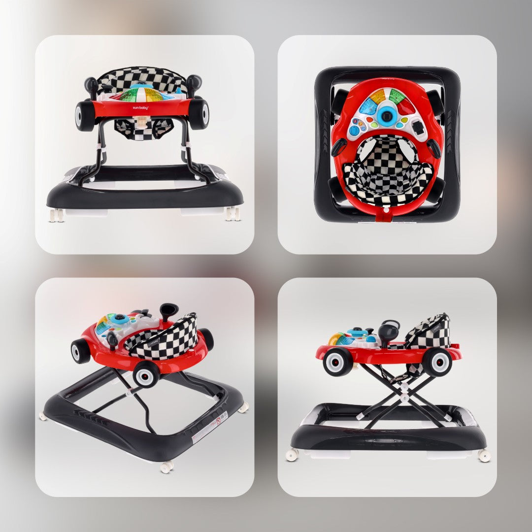 Interaktywny chodzik dla dzieci wyścigówka czerwono czarny