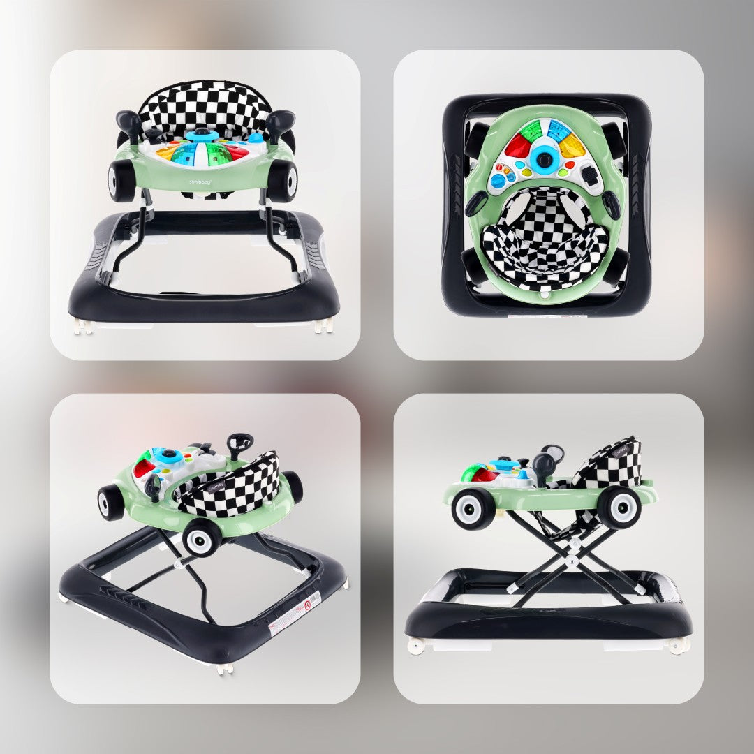 Interaktywny chodzik dla dzieci wyścigówka szałwiowo czarny