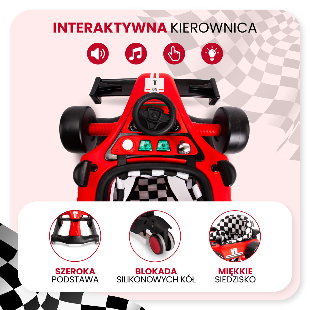 Interaktywny Chodzik jeździk pchacz Wyścigówka Formuła 1 3w1 czerwony