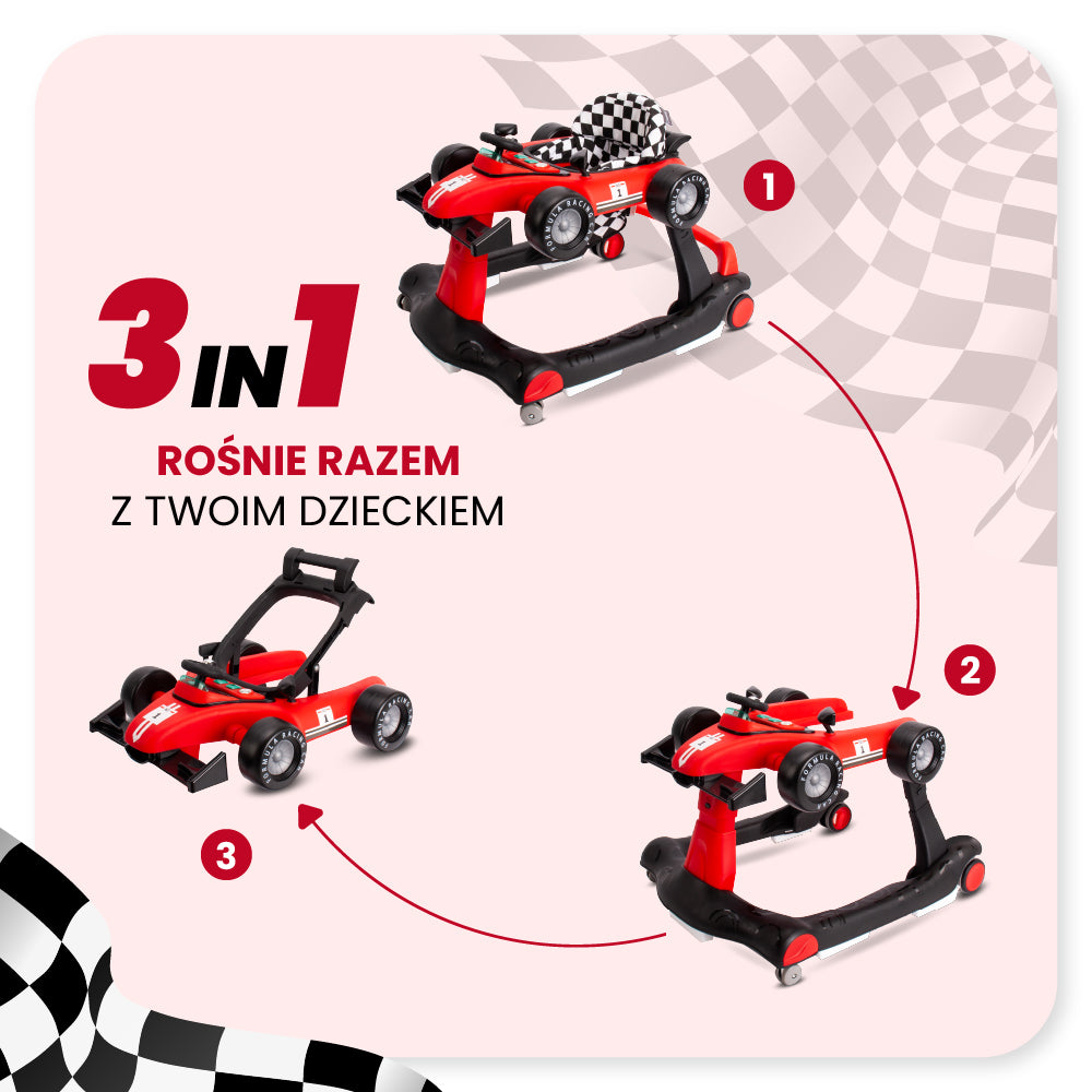 Interaktywny Chodzik jeździk pchacz Wyścigówka Formuła 1 3w1 czerwony