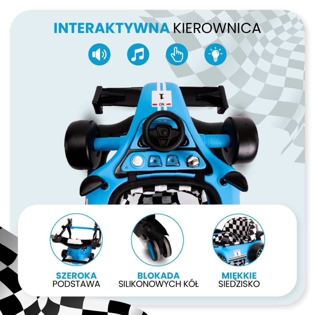 Interaktywny Chodzik jeździk pchacz Wyścigówka Formuła 1 3w1 niebieski