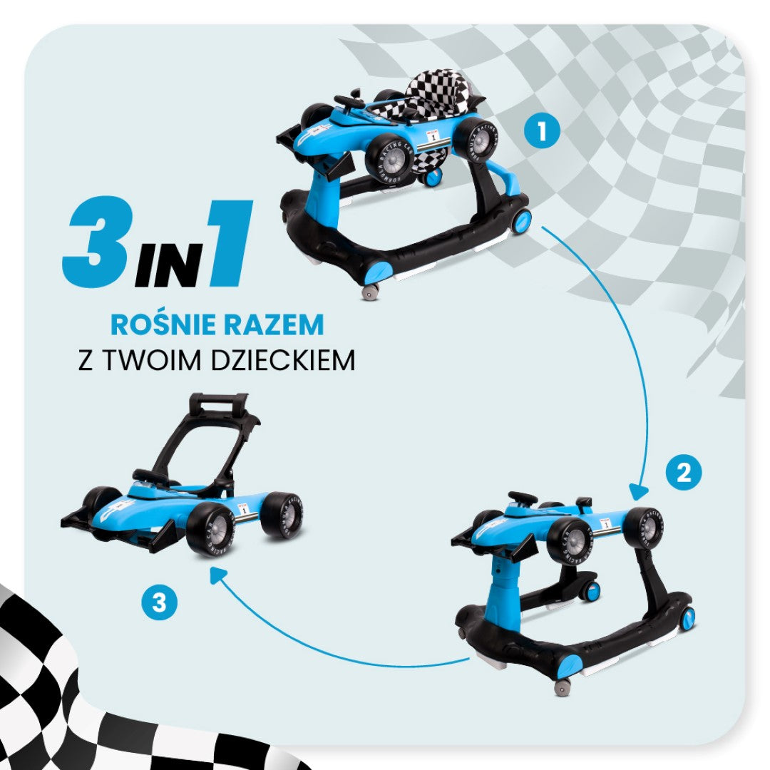 Interaktywny Chodzik jeździk pchacz Wyścigówka Formuła 1 3w1 niebieski