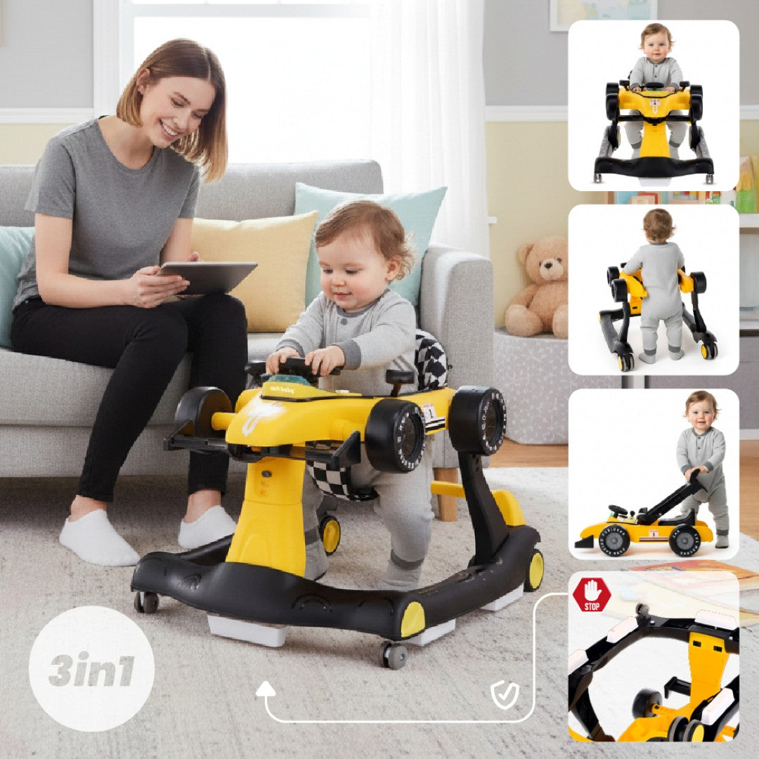 Interaktywny Chodzik jeździk pchacz Wyścigówka Formuła 1 3w1 żółty