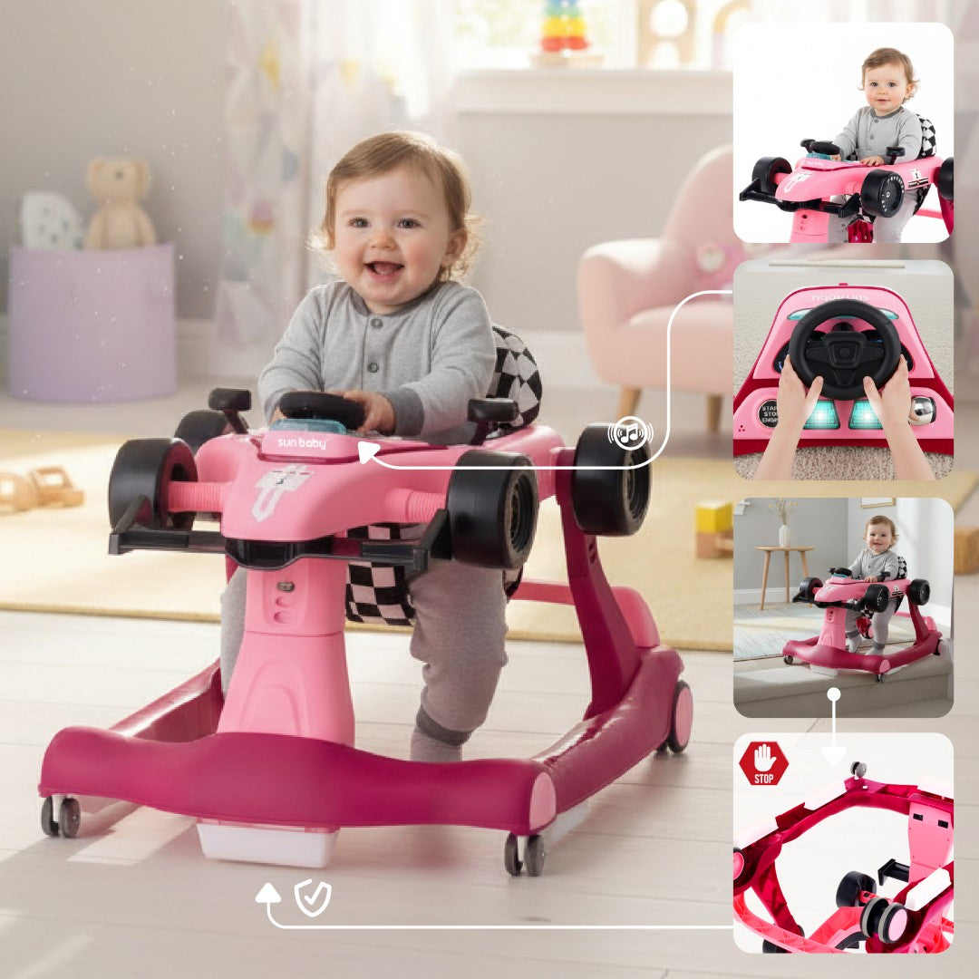 Interaktywny Chodzik jeździk pchacz Wyścigówka Formuła 1 3w1 różowy