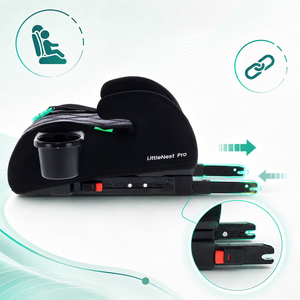 Podstawka samochodowa Fotelik Booster Siedzisko samochodowe ISOFIX I-SIZE 125-150 cm Uchwyt na kubek LittleNestPro czarny Sun Baby