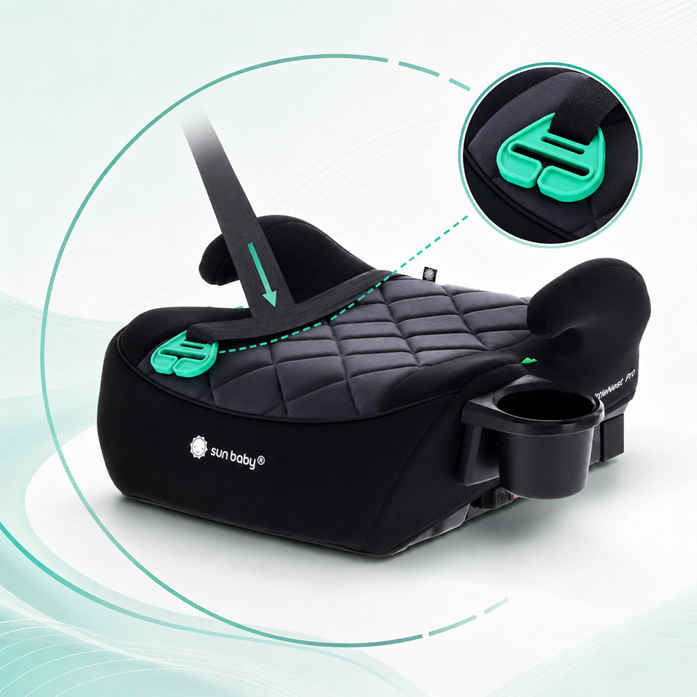 Podstawka samochodowa Fotelik Booster Siedzisko samochodowe ISOFIX I-SIZE 125-150 cm Uchwyt na kubek LittleNestPro czarny Sun Baby