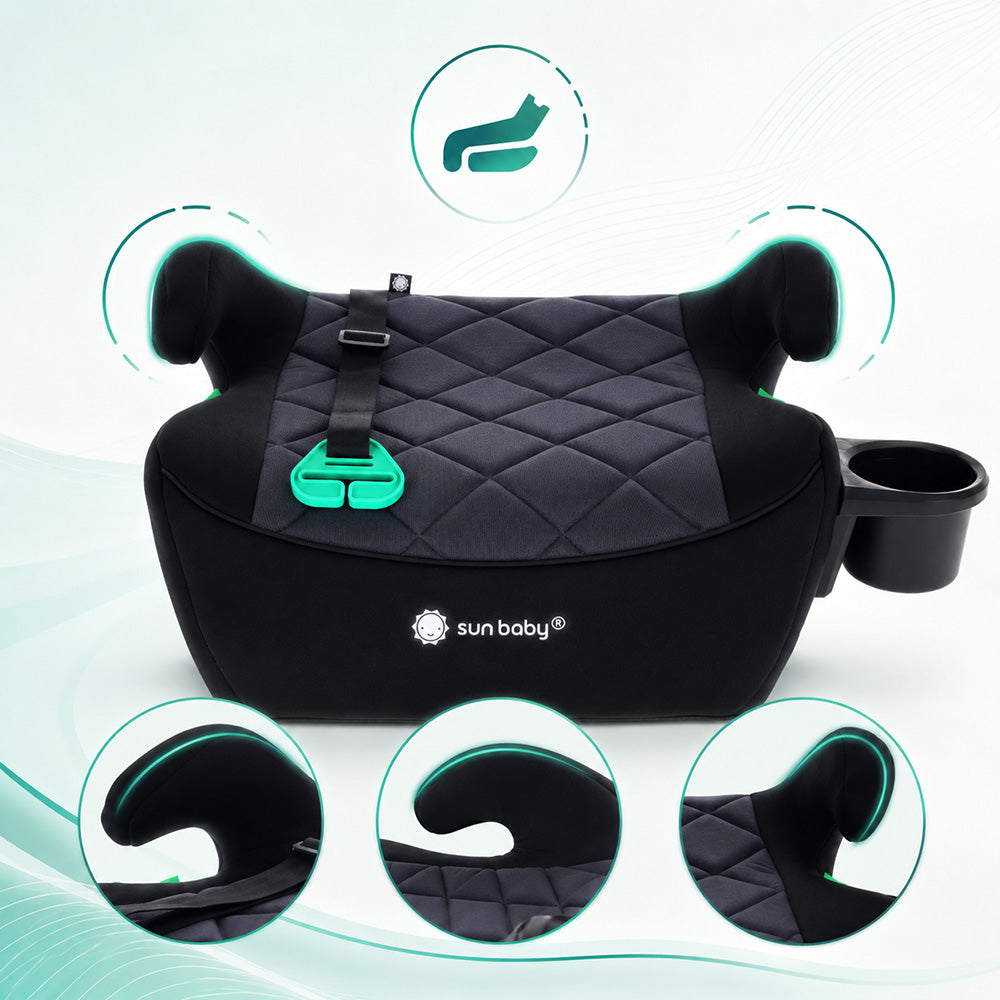 Podstawka samochodowa Fotelik Booster Siedzisko samochodowe ISOFIX I-SIZE 125-150 cm Uchwyt na kubek LittleNestPro czarny Sun Baby
