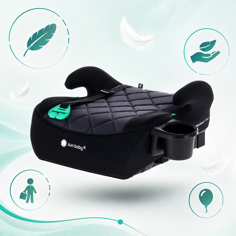 Podstawka samochodowa Fotelik Booster Siedzisko samochodowe ISOFIX I-SIZE 125-150 cm Uchwyt na kubek LittleNestPro czarny Sun Baby