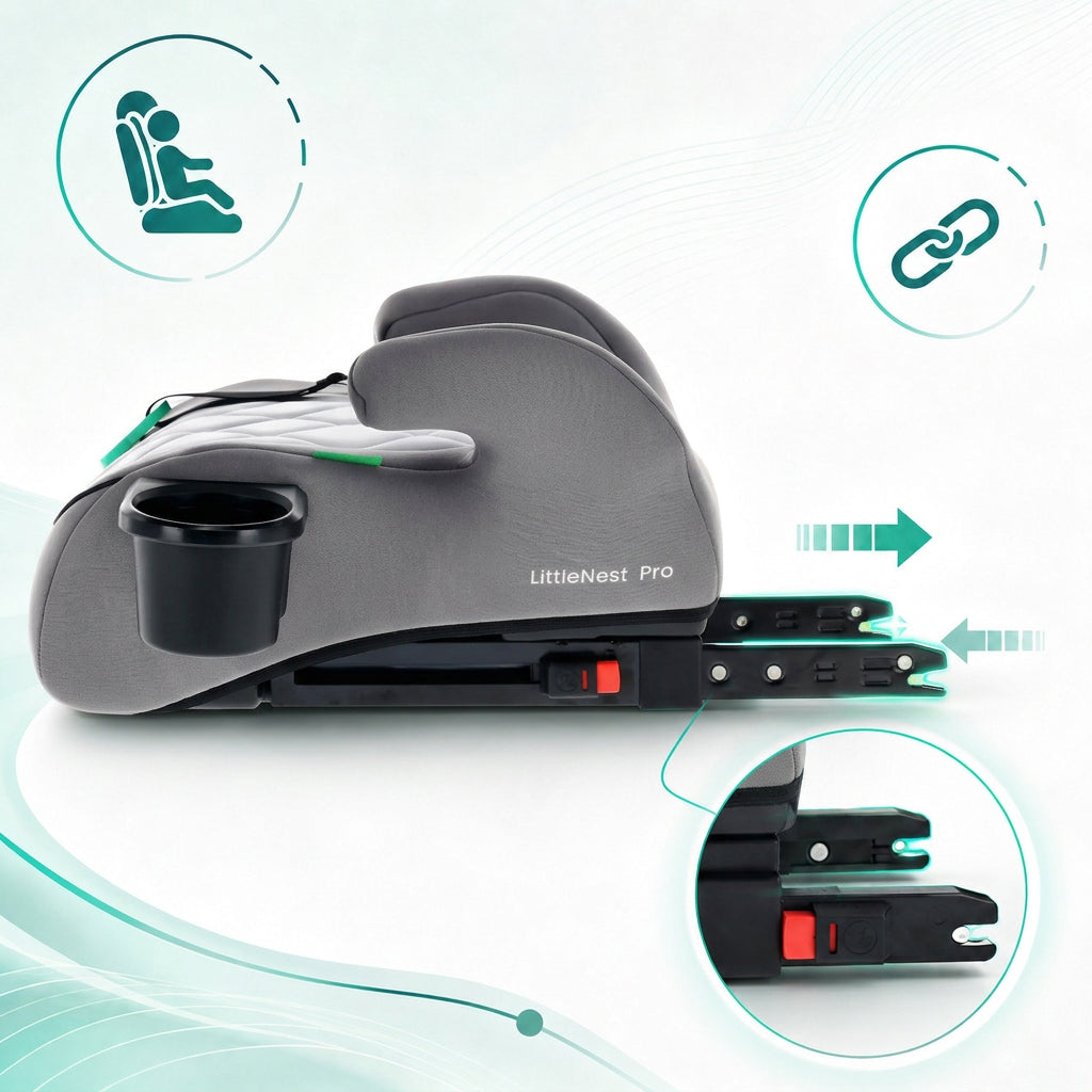 Podstawka samochodowa Fotelik Booster Siedzisko samochodowe ISOFIX I-SIZE 125-150 cm Uchwyt na kubek LittleNestPro szary Sun Baby