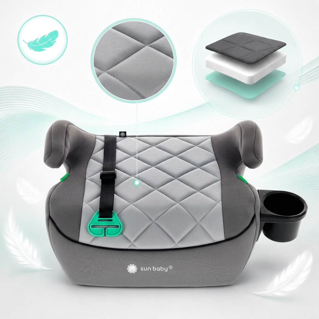 Podstawka samochodowa Fotelik Booster Siedzisko samochodowe ISOFIX I-SIZE 125-150 cm Uchwyt na kubek LittleNestPro szary Sun Baby
