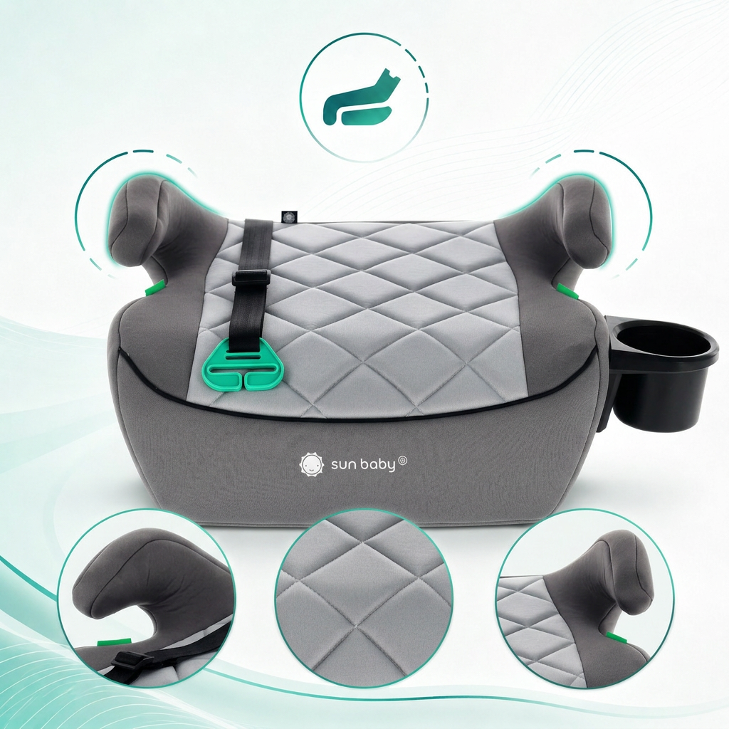 Podstawka samochodowa Fotelik Booster Siedzisko samochodowe ISOFIX I-SIZE 125-150 cm Uchwyt na kubek LittleNestPro szary Sun Baby
