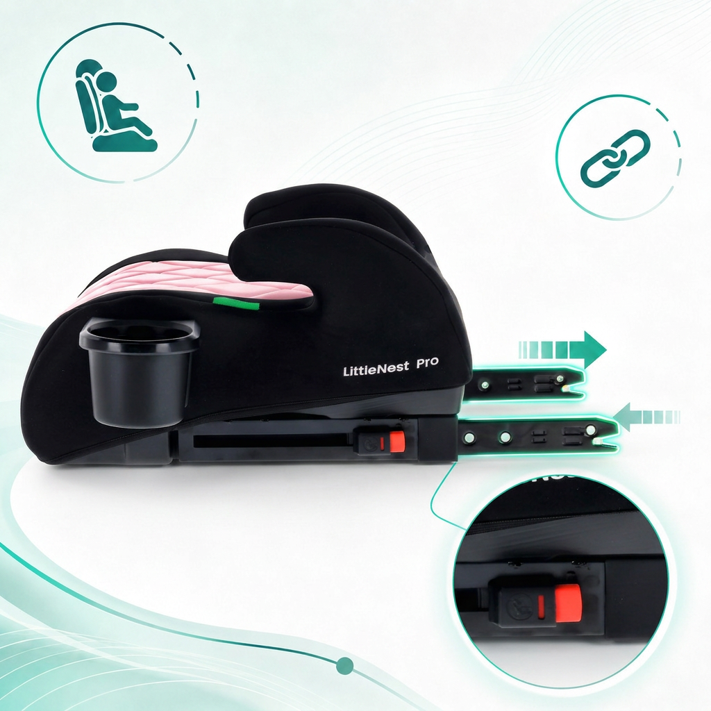 Fotelik samochodowy, Podstawka, poddupnik, Siedzisko samochodowe I-Size ISOFIX I-SIZE 125-150 cm Uchwyt na kubek LittleNestPro czarny różowy Sun Baby