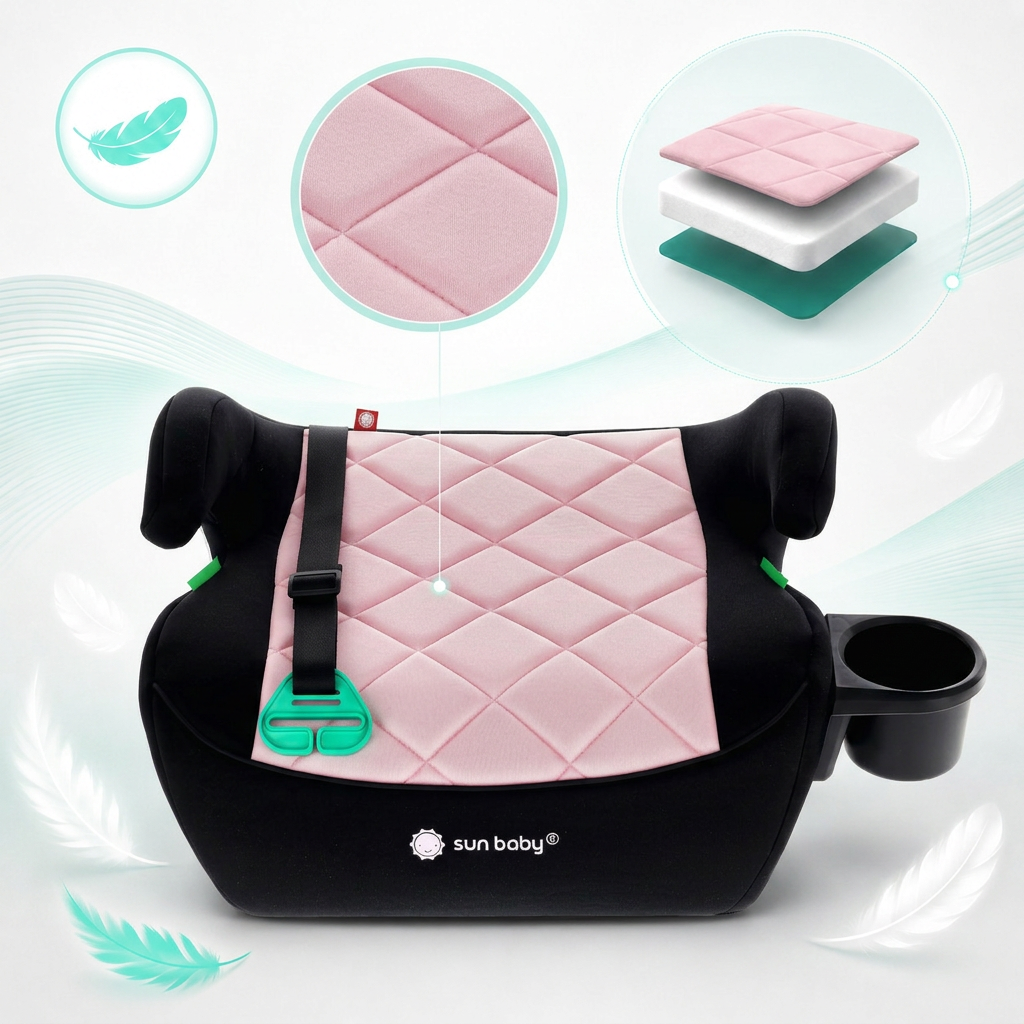 Fotelik samochodowy, Podstawka, poddupnik, Siedzisko samochodowe I-Size ISOFIX I-SIZE 125-150 cm Uchwyt na kubek LittleNestPro czarny różowy Sun Baby