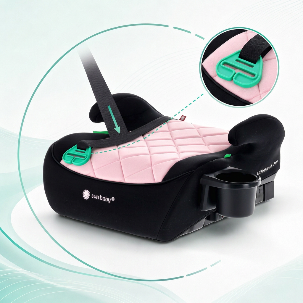 Fotelik samochodowy, Podstawka, poddupnik, Siedzisko samochodowe I-Size ISOFIX I-SIZE 125-150 cm Uchwyt na kubek LittleNestPro czarny różowy Sun Baby