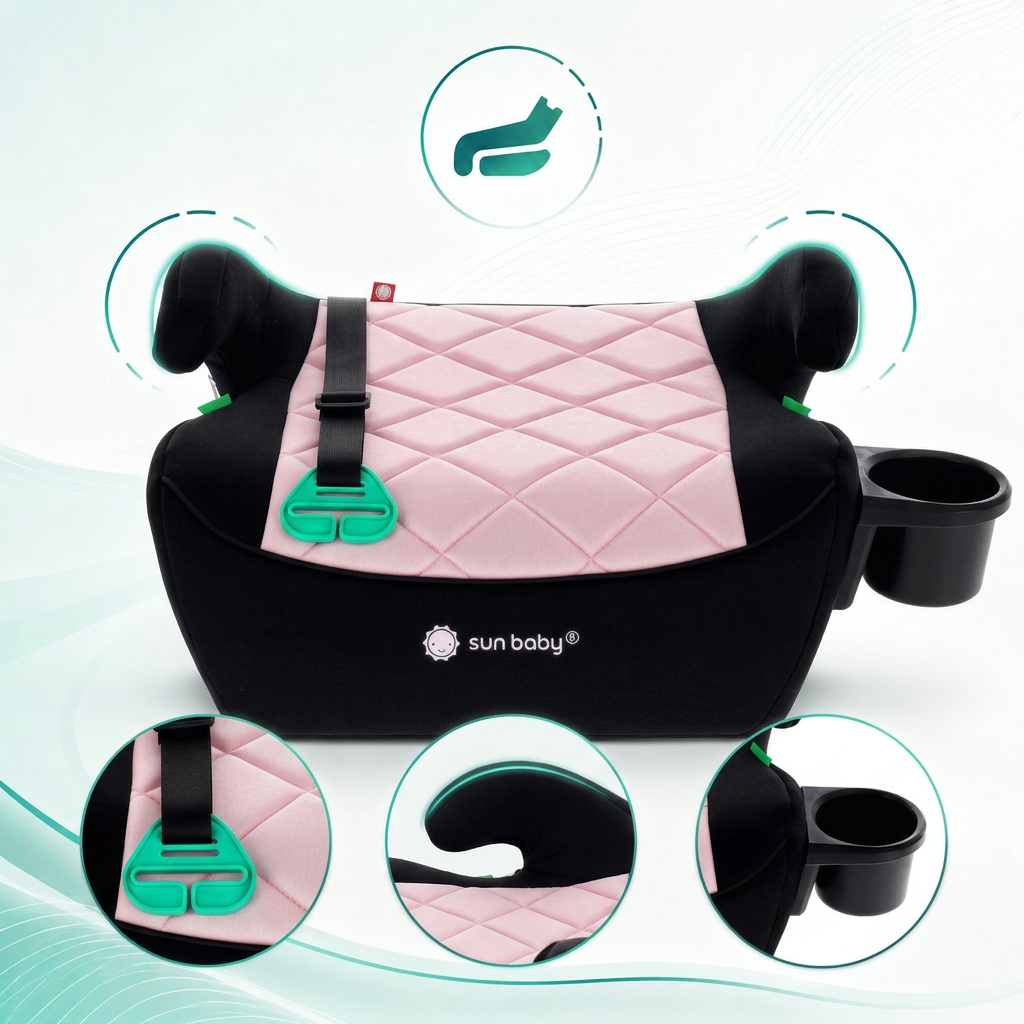 Fotelik samochodowy, Podstawka, poddupnik, Siedzisko samochodowe I-Size ISOFIX I-SIZE 125-150 cm Uchwyt na kubek LittleNestPro czarny różowy Sun Baby