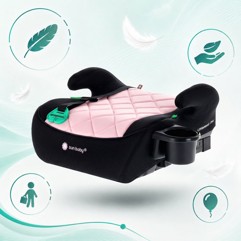 Fotelik samochodowy, Podstawka, poddupnik, Siedzisko samochodowe I-Size ISOFIX I-SIZE 125-150 cm Uchwyt na kubek LittleNestPro czarny różowy Sun Baby
