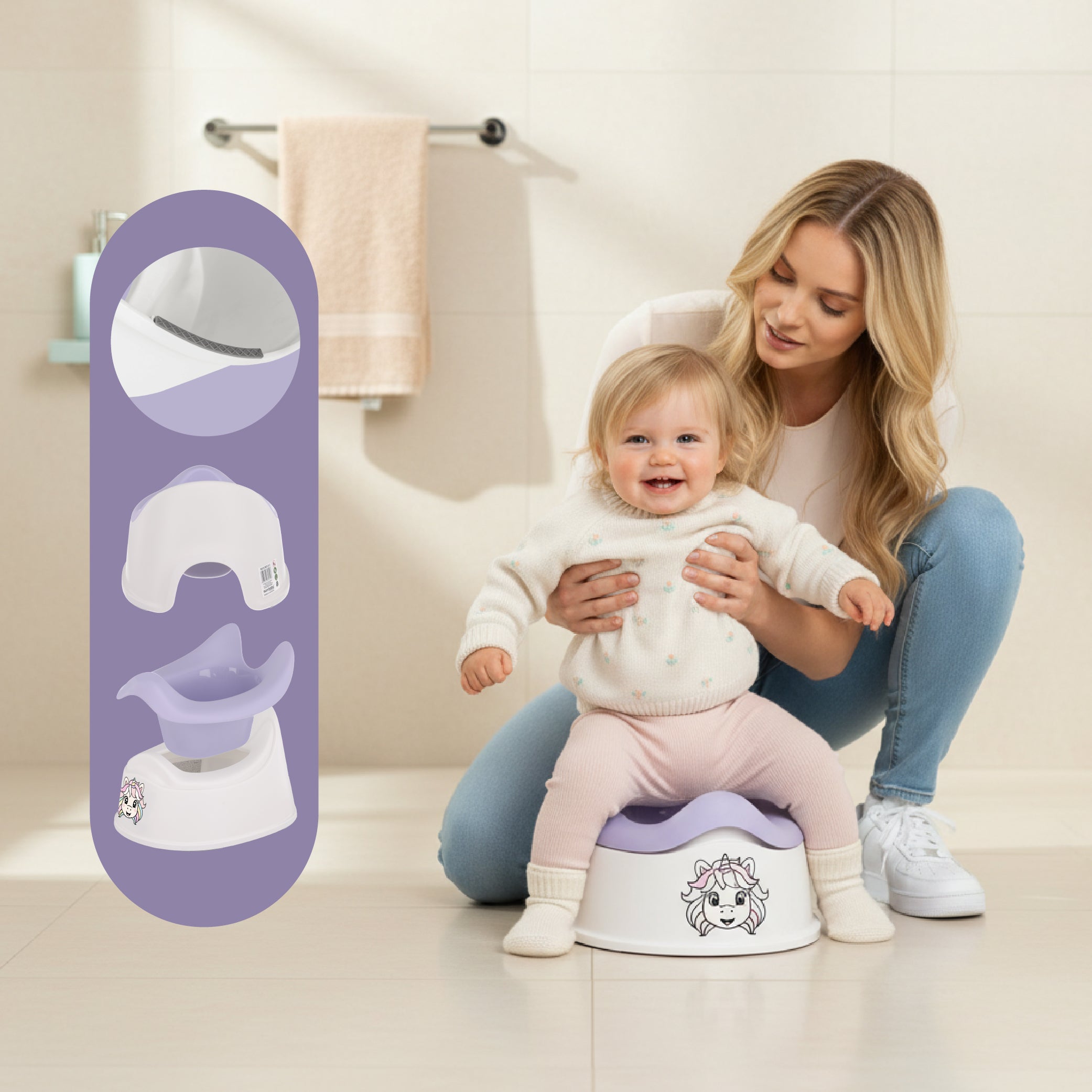 Kindertöpfchen, rutschfest, herausnehmbarer Einsatz, Stallaufkleber, Einhorn, lila, weiß, Sun Baby