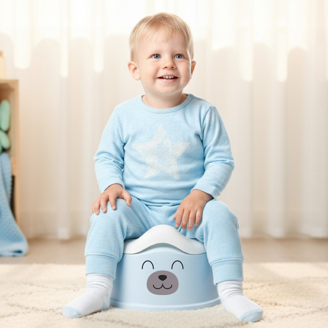 Nocnik dla dzieci antypoślizgowy z wyjmowanym wkładem Stabilny naklejki Miś niebieski biały Sun Baby