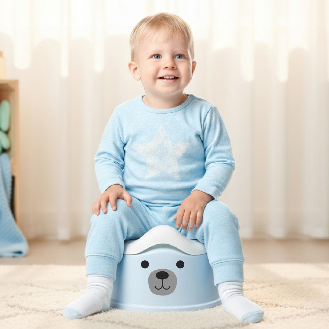 Kindertöpfchen, rutschfest, mit herausnehmbarem Einsatz, stabilen Aufklebern, Bär, blau, weiß, Sun Baby