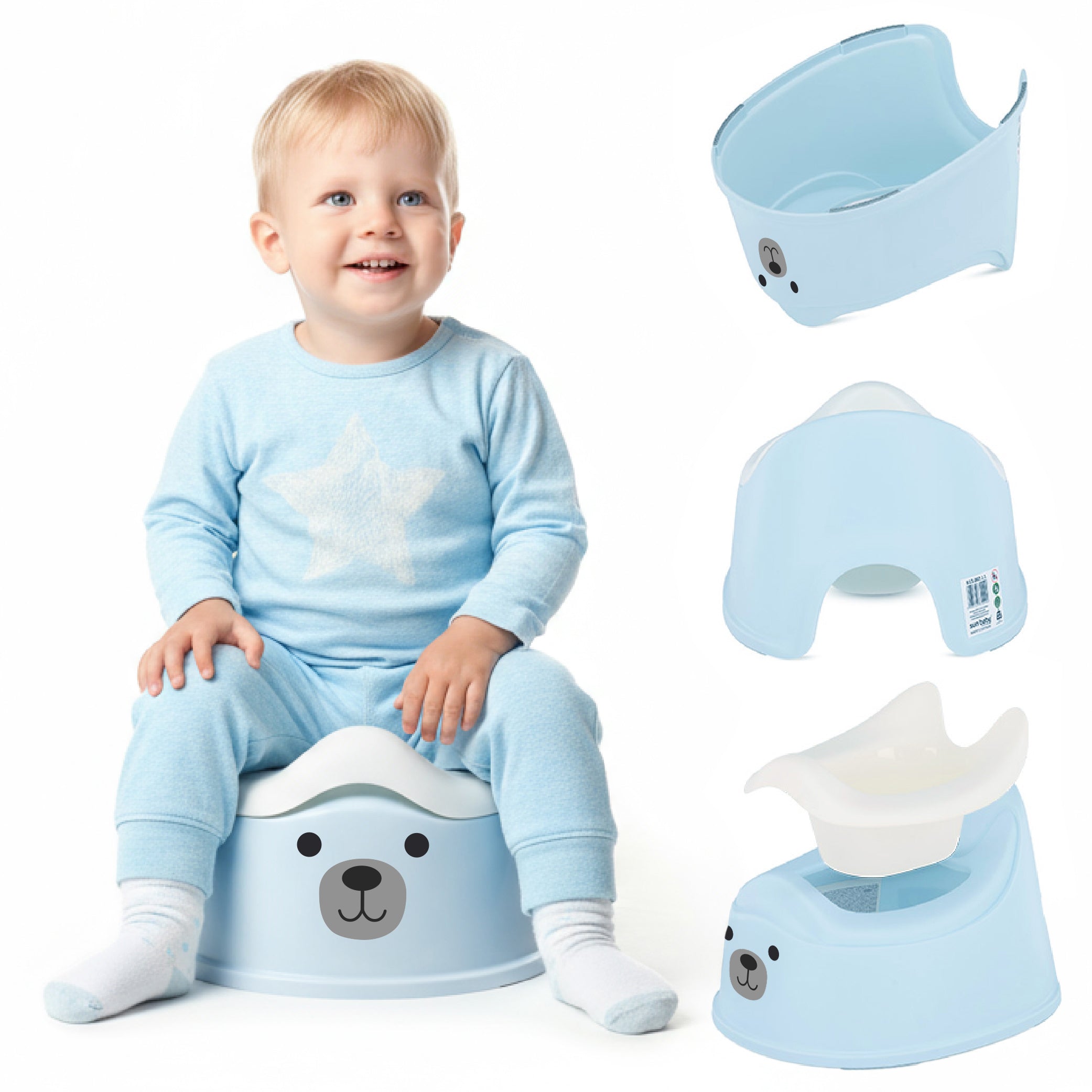 Nocnik dla dzieci antypoślizgowy z wyjmowanym wkładem Stabilny naklejki Miś niebieski biały Sun Baby