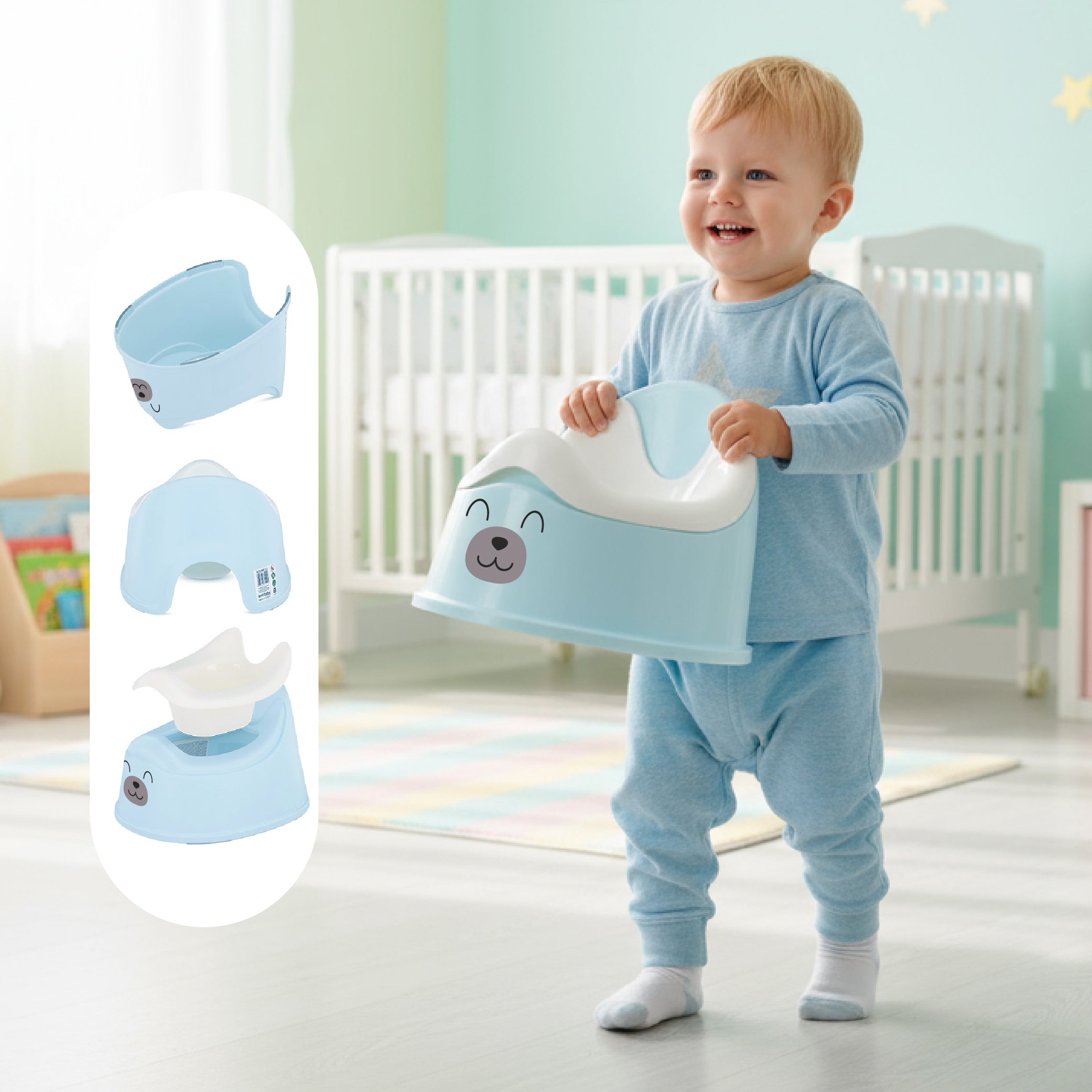 Nocnik dla dzieci antypoślizgowy z wyjmowanym wkładem Stabilny naklejki Miś niebieski biały Sun Baby