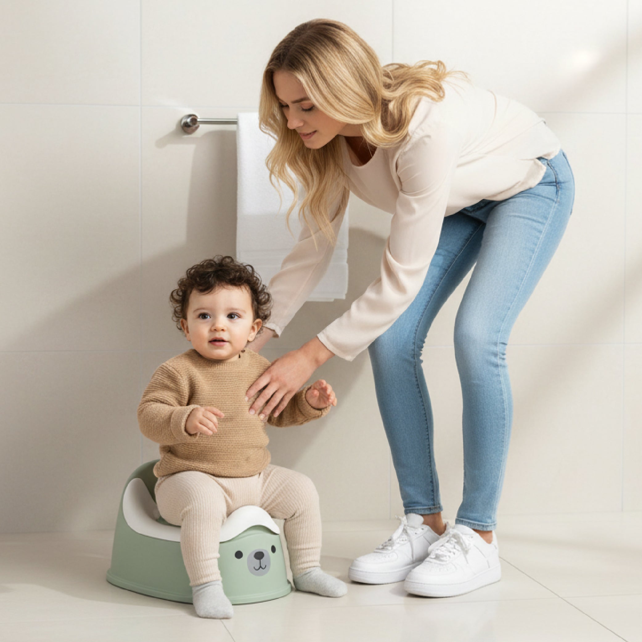 Nocnik dla dzieci antypoślizgowy z wyjmowanym wkładem Stabilny NAKLEJKI Miś zielony biały Sun Baby