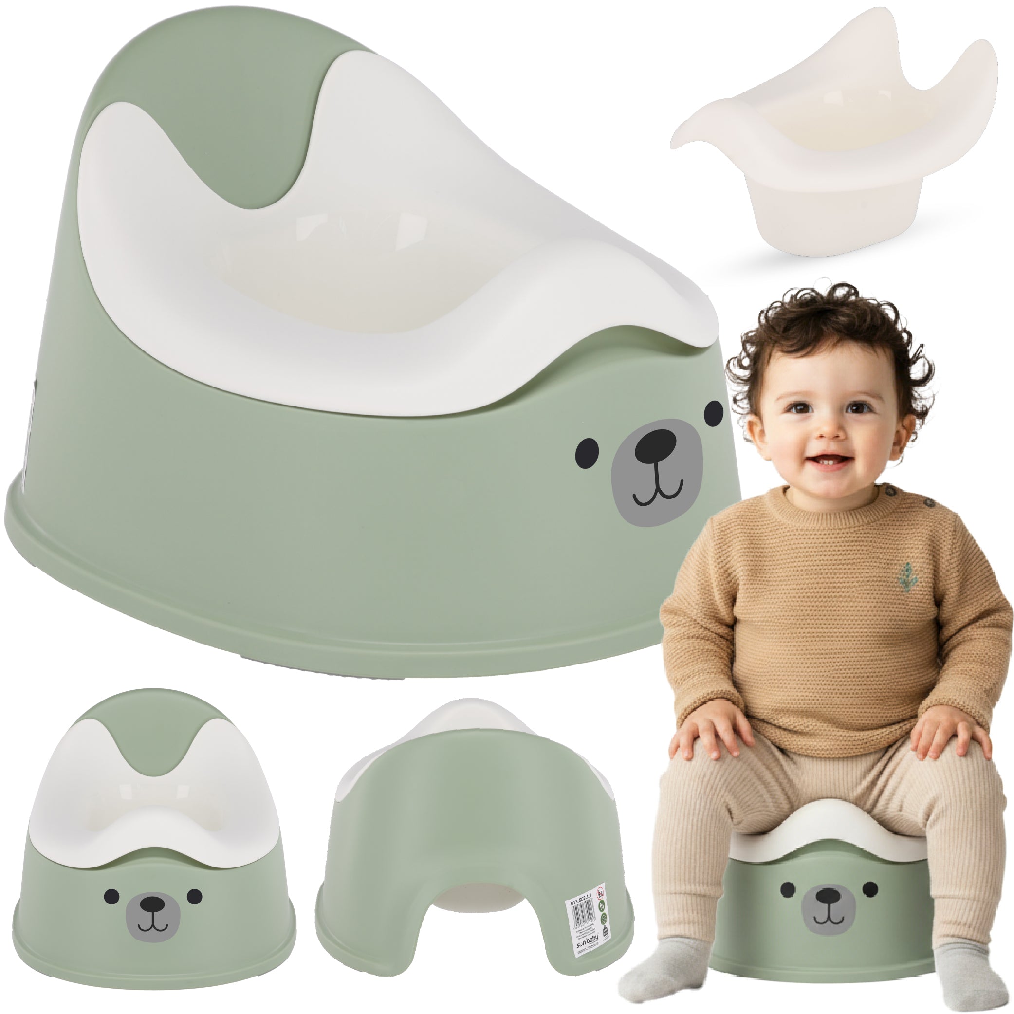 Nocnik dla dzieci antypoślizgowy z wyjmowanym wkładem Stabilny NAKLEJKI Miś zielony biały Sun Baby