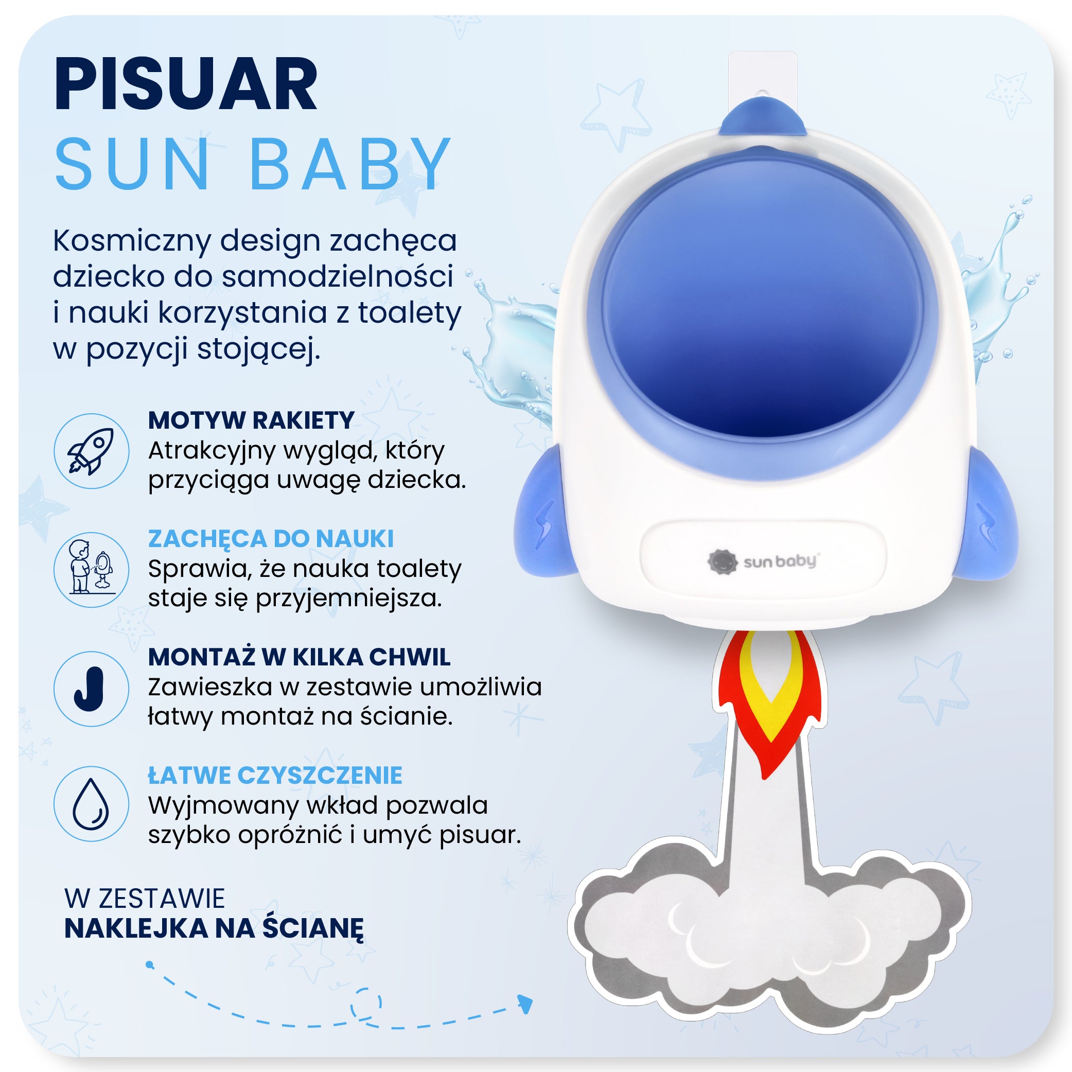 Pisuar dla chłopca Nocnik dla dzieci na ścianę z wyjmowanym wkładem Nauka Sikania WC Toaleta Rakieta Sun Baby