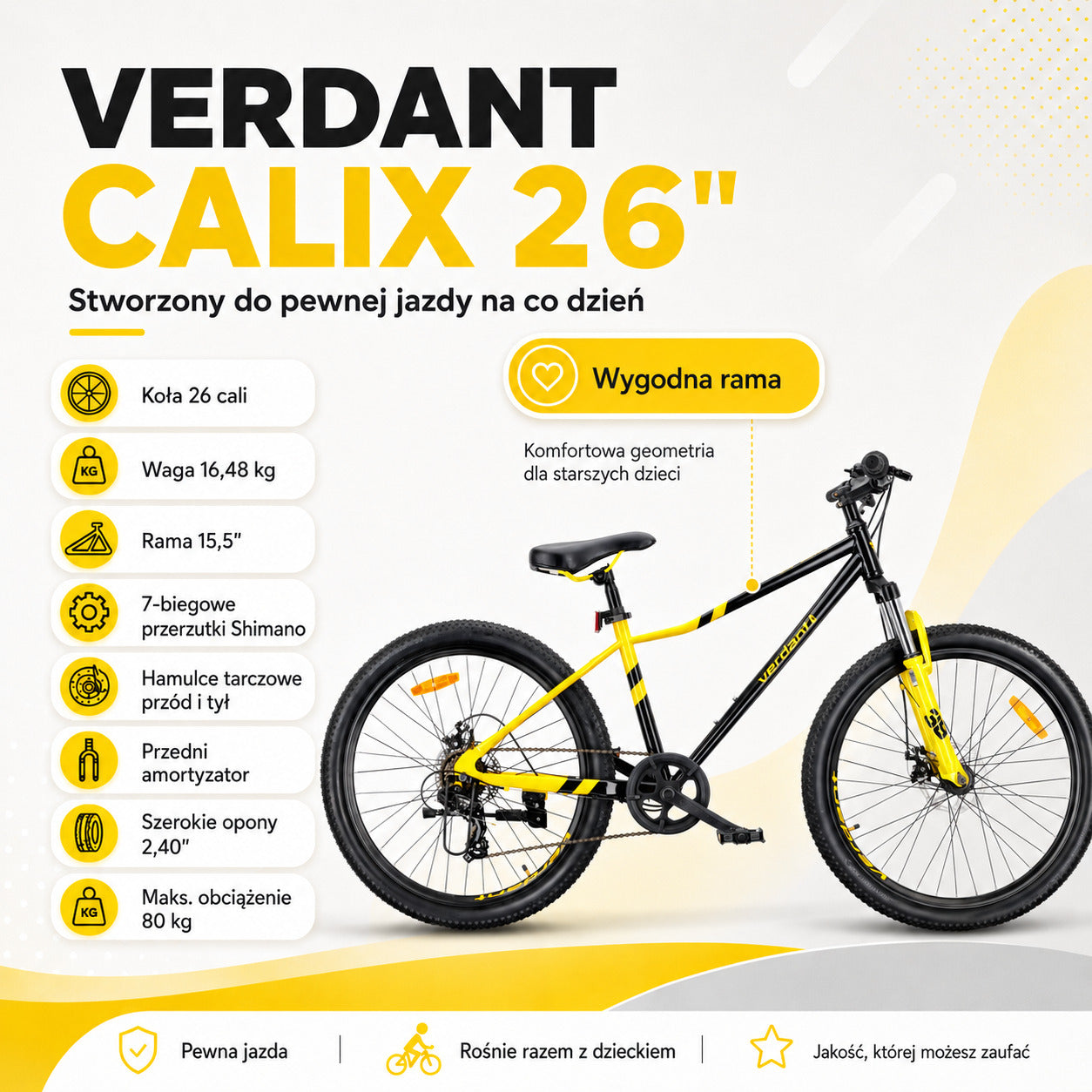 Rower górski 26 cali MTB Shimano 7 biegów Amortyzator tarczowe Stopka Verdant Calix czarny żółty