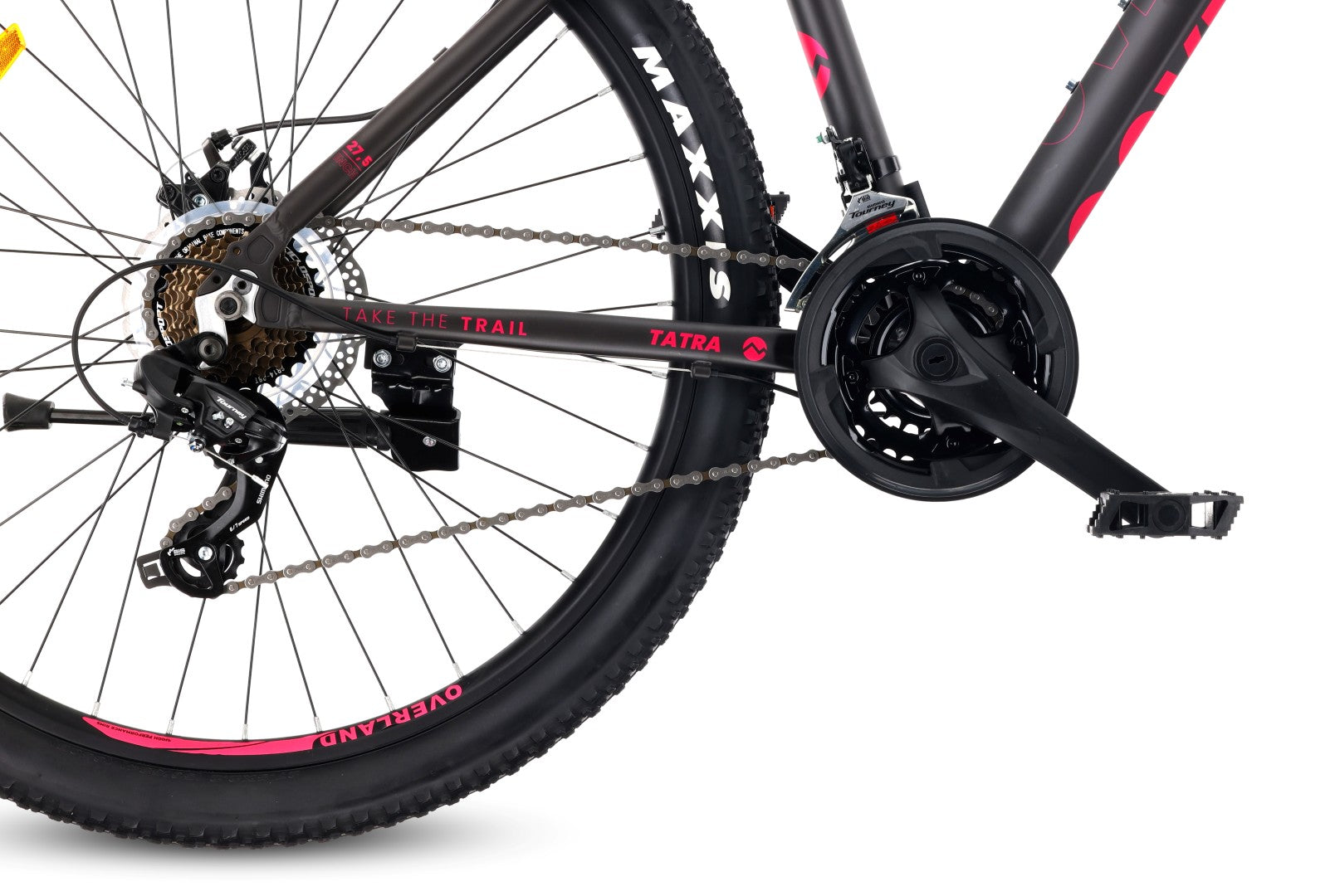 27,5-Zoll-Mountainbike (MTB) mit 21 Gängen, Aluminiumrahmen, leichtem Stoßdämpfer, Shimano-Scheibenbremsen, Rahmengröße S (17 Zoll), Tatra Bikes Overland, mattschwarz-fuchsiafarben.