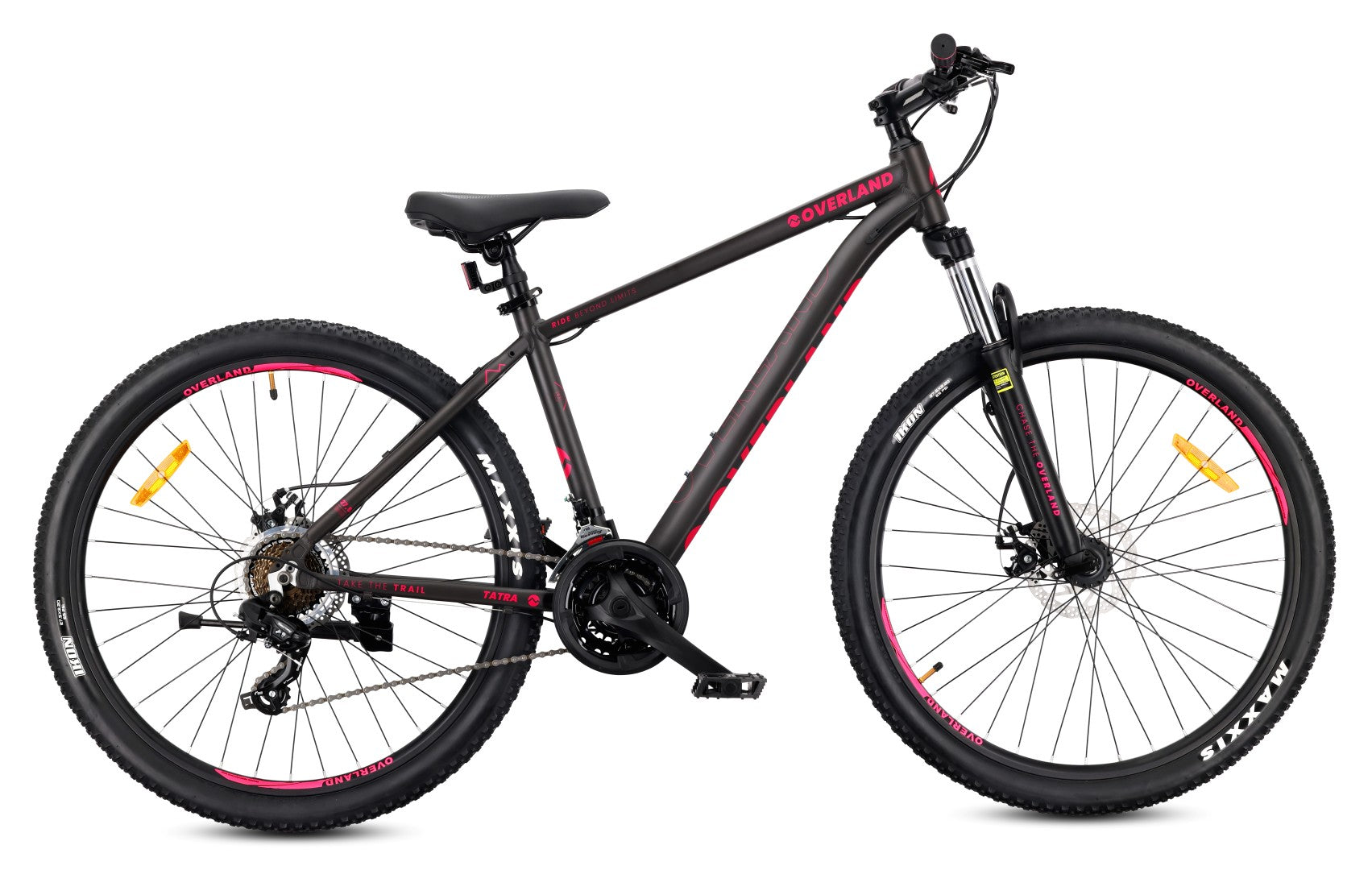 27,5-Zoll-Mountainbike (MTB) mit 21 Gängen, Aluminiumrahmen, leichtem Stoßdämpfer, Shimano-Scheibenbremsen, Rahmengröße S (17 Zoll), Tatra Bikes Overland, mattschwarz-fuchsiafarben.