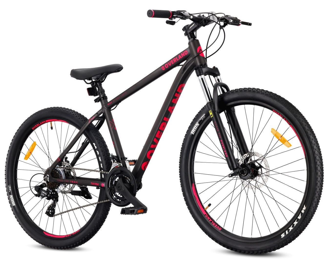 27,5-Zoll-Mountainbike (MTB) mit 21 Gängen, Aluminiumrahmen, leichtem Stoßdämpfer, Shimano-Scheibenbremsen, Rahmengröße S (17 Zoll), Tatra Bikes Overland, mattschwarz-fuchsiafarben.