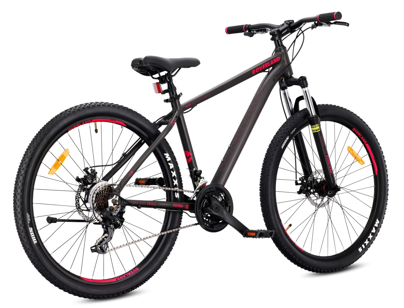 27,5-Zoll-Mountainbike (MTB) mit 21 Gängen, Aluminiumrahmen, leichtem Stoßdämpfer, Shimano-Scheibenbremsen, Rahmengröße S (17 Zoll), Tatra Bikes Overland, mattschwarz-fuchsiafarben.