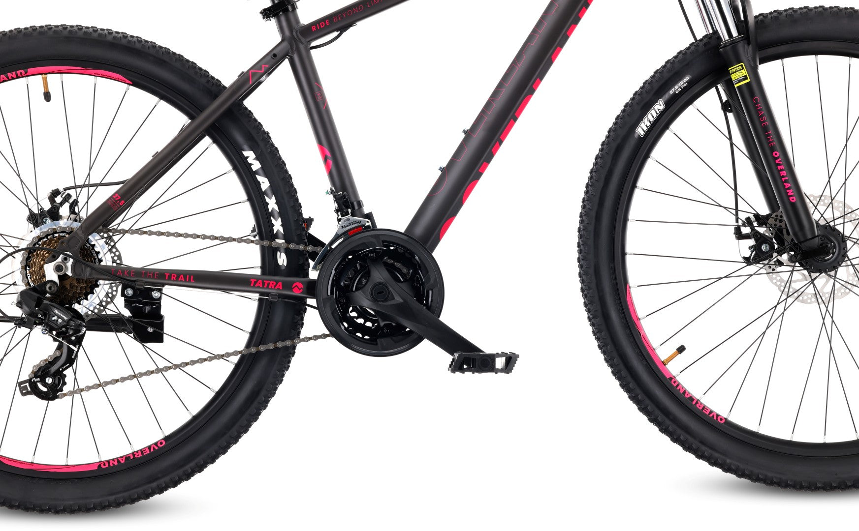 27,5-Zoll-Mountainbike (MTB) mit 21 Gängen, Aluminiumrahmen, leichtem Stoßdämpfer, Shimano-Scheibenbremsen, Rahmengröße S (17 Zoll), Tatra Bikes Overland, mattschwarz-fuchsiafarben.