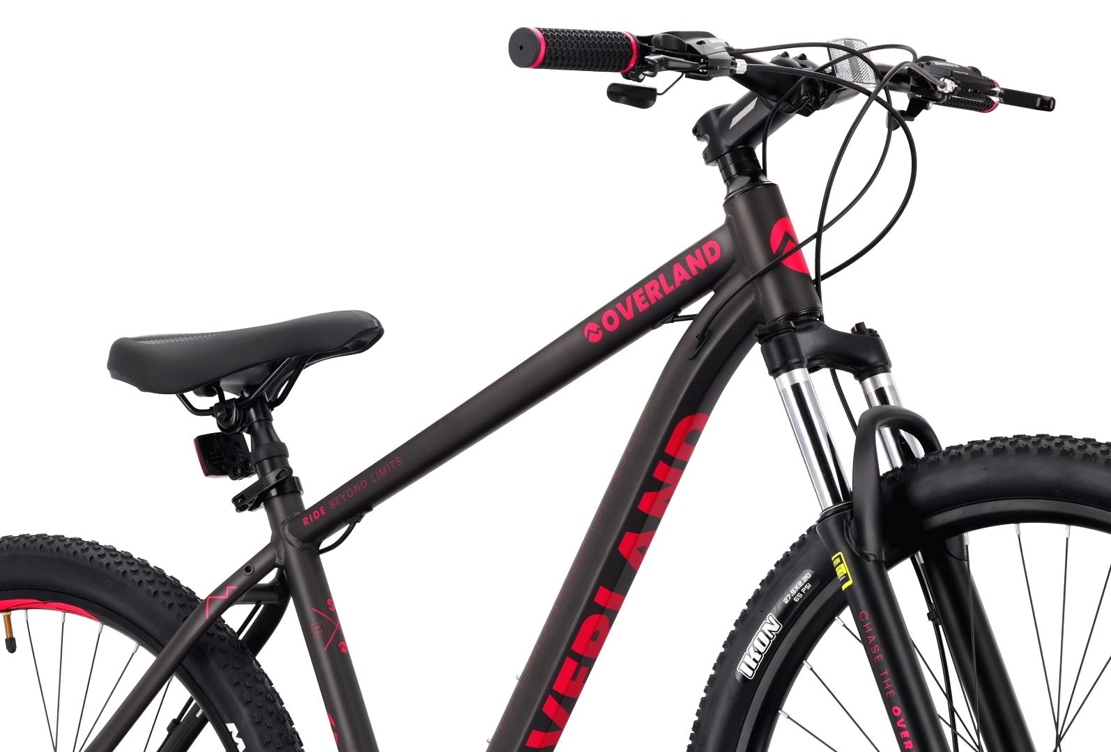 27,5-Zoll-Mountainbike (MTB) mit 21 Gängen, Aluminiumrahmen, leichtem Stoßdämpfer, Shimano-Scheibenbremsen, Rahmengröße S (17 Zoll), Tatra Bikes Overland, mattschwarz-fuchsiafarben.