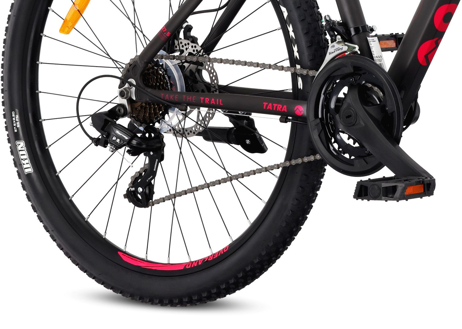 27,5-Zoll-Mountainbike (MTB) mit 21 Gängen, Aluminiumrahmen, leichtem Stoßdämpfer, Shimano-Scheibenbremsen, Rahmengröße S (17 Zoll), Tatra Bikes Overland, mattschwarz-fuchsiafarben.