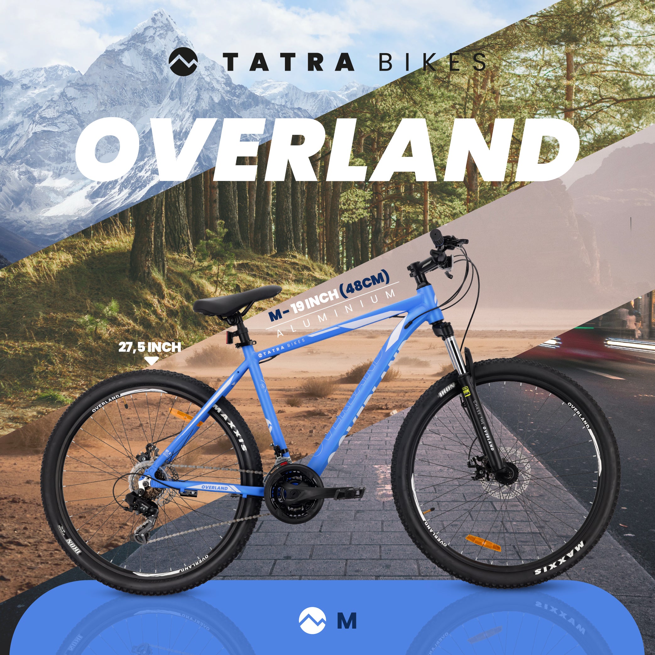 27,5-Zoll-Mountainbike (MTB) mit 21 Gängen, Aluminiumrahmen, leichtem Stoßdämpfer, Shimano-Scheibenbremsen, Rahmengröße M (19 Zoll), Tatra Bikes Overland, mattblau.