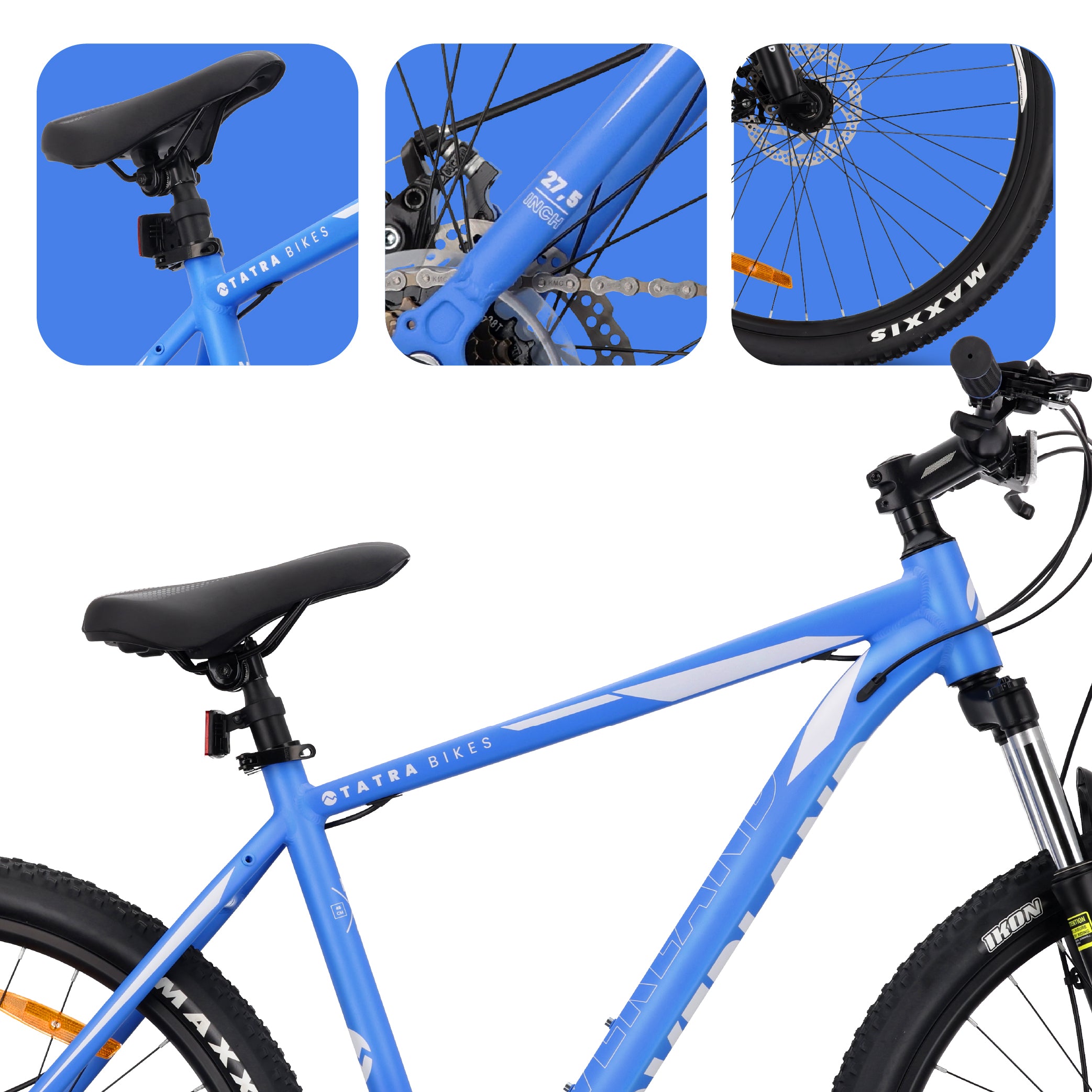 27,5-Zoll-Mountainbike (MTB) mit 21 Gängen, Aluminiumrahmen, leichtem Stoßdämpfer, Shimano-Scheibenbremsen, Rahmengröße M (19 Zoll), Tatra Bikes Overland, mattblau.