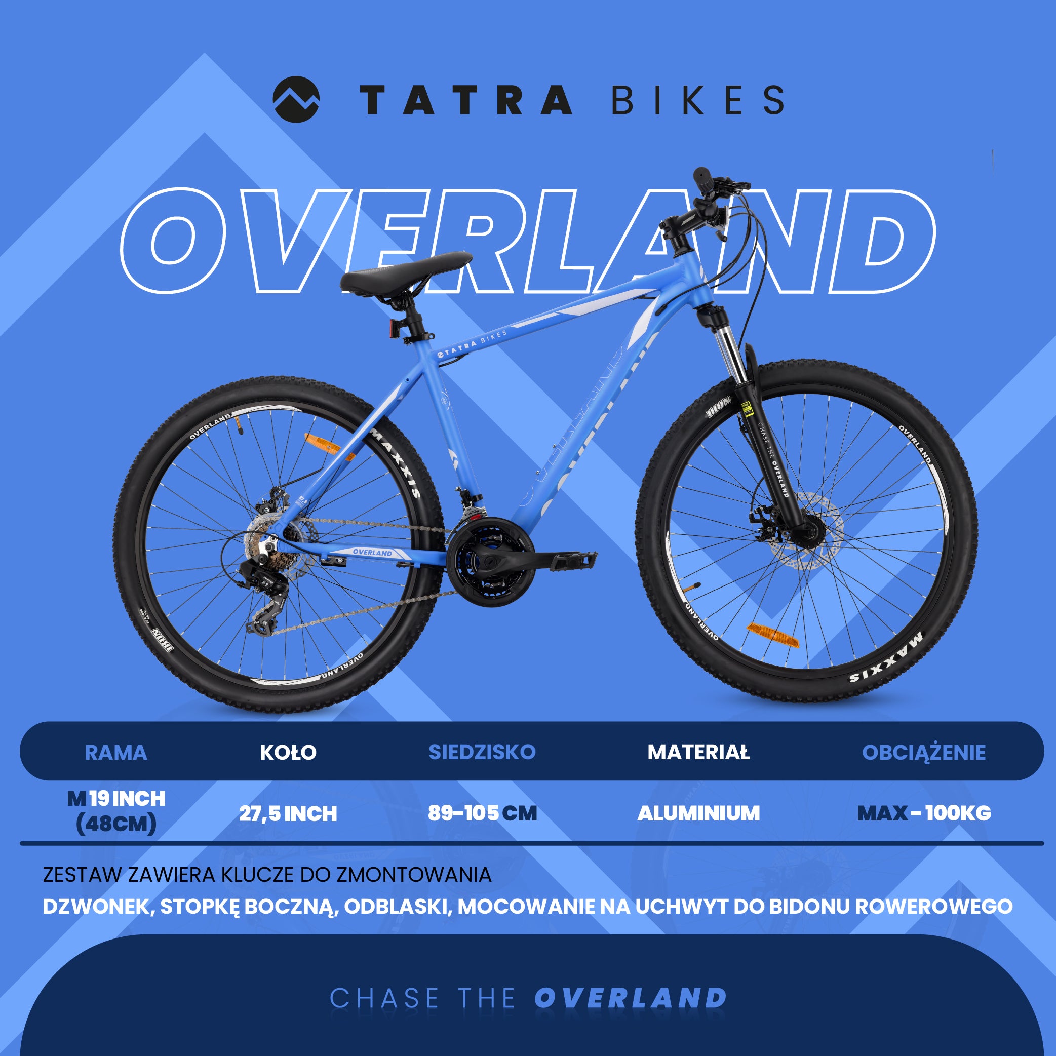 27,5-Zoll-Mountainbike (MTB) mit 21 Gängen, Aluminiumrahmen, leichtem Stoßdämpfer, Shimano-Scheibenbremsen, Rahmengröße M (19 Zoll), Tatra Bikes Overland, mattblau.