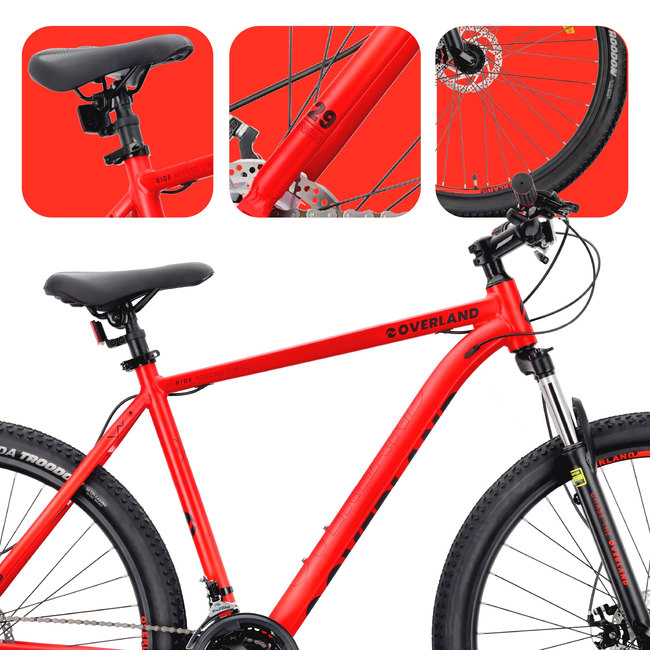 Mountainbike MTB 29 Zoll, KENDA Shimano Aluminium, leicht, 21 Gänge, Stoßdämpfer, Scheibenbremsen, Rahmengröße L, 21 Zoll, Tatra Bikes Overland, rot matt 