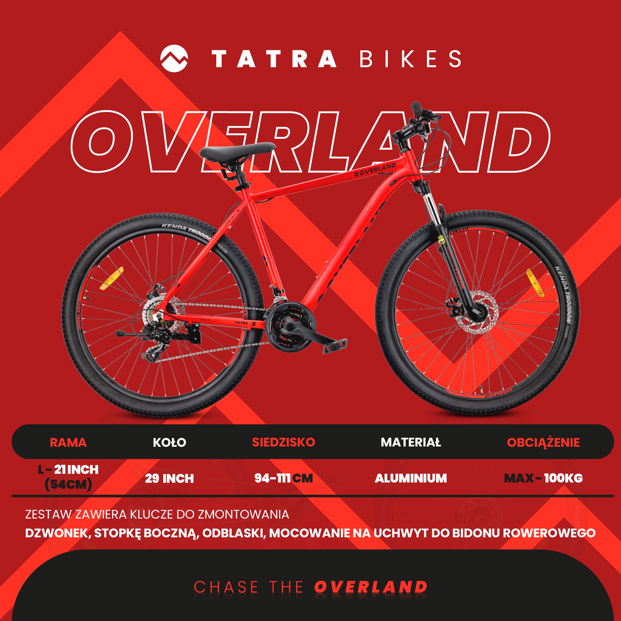 Mountainbike MTB 29 Zoll, KENDA Shimano Aluminium, leicht, 21 Gänge, Stoßdämpfer, Scheibenbremsen, Rahmengröße L, 21 Zoll, Tatra Bikes Overland, rot matt 