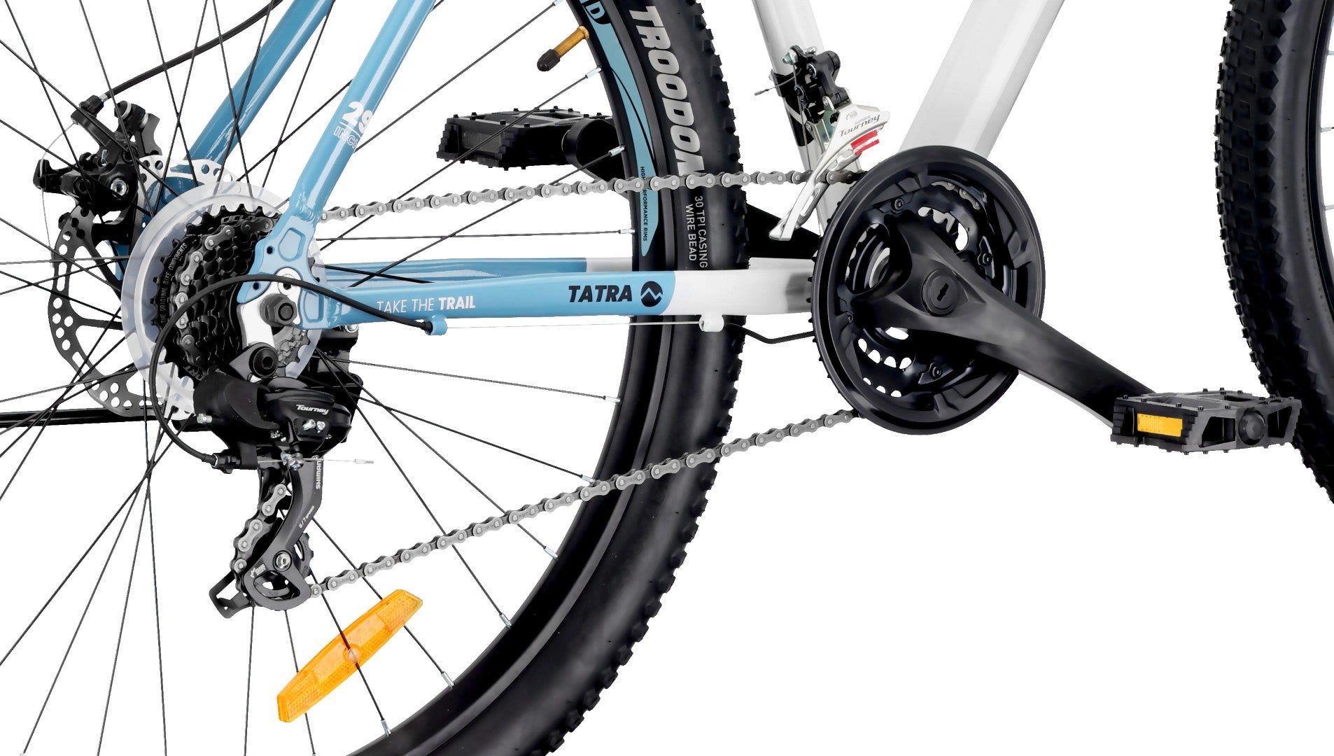 Mountainbike MTB 29 Zoll KENDA Shimano Aluminium Leichtbauweise 21 Gänge Stoßdämpfer Scheibenbremsen Rahmengröße L 21 Zoll Tatra Bikes Overland weiß blau 